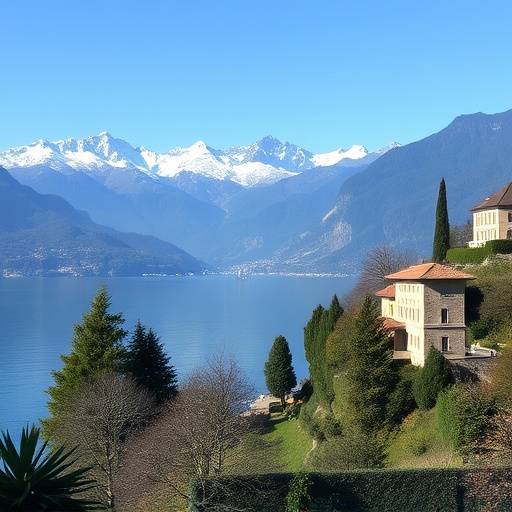 Il Lago di Como circondato dalle Alpi innevate e ville lussuose lungo le sue rive