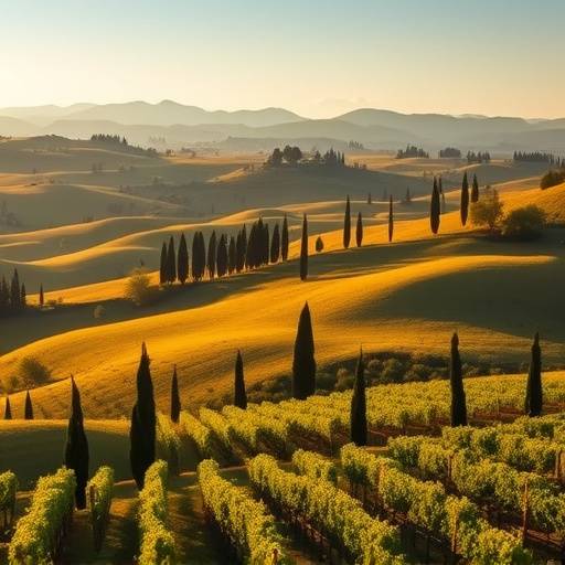 Paesaggio collinare toscano con cipressi e vigneti