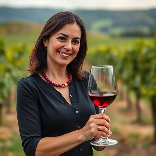 Ritratto di Elena Ferrari, specialista in enogastronomia di Viaggio Incanto, con un bicchiere di vino in mano e uno sfondo di vigneti