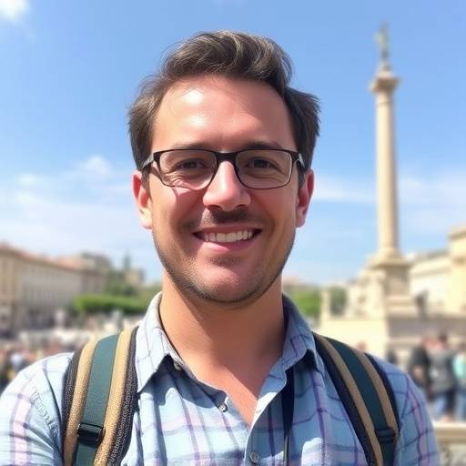 Ritratto di Marco Bianchi, guida turistica di Viaggio Incanto, con un sorriso accogliente e uno sfondo di un monumento italiano