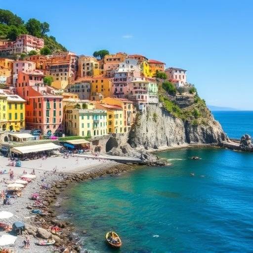 Scorcio della Costiera Amalfitana con case colorate a picco sul mare