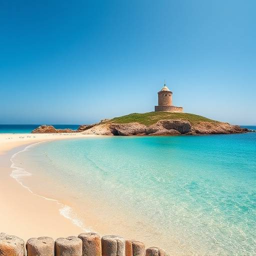 Spiaggia della Pelosa a Stintino, Sardegna, con mare cristallino e torre aragonese