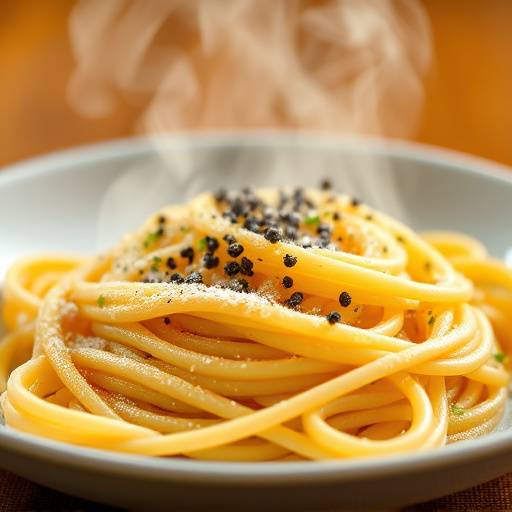 Un piatto di spaghetti alla carbonara fumante, guarnito con pepe nero
