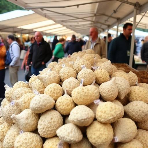 Una bancarella piena di tartufi bianchi alla Sagra del Tartufo Bianco di Alba