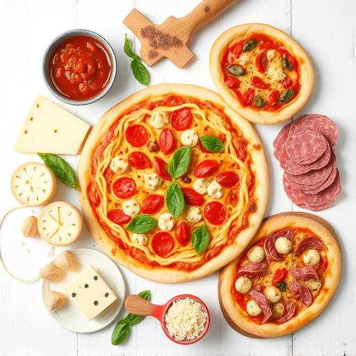 Una tavola imbandita con piatti tipici italiani: pasta, pizza, formaggi e salumi