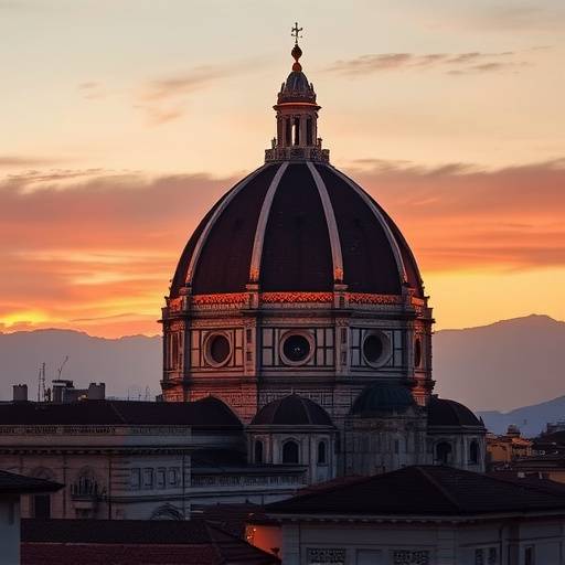 Vista della Cattedrale di Santa Maria del Fiore a Firenze al tramonto, con la cupola del Brunelleschi illuminata